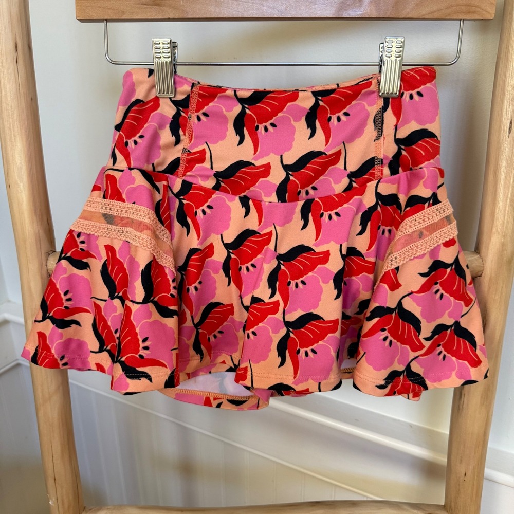 Free People Movement XS Floral Skort Pink Red Mesh Trim Activewear